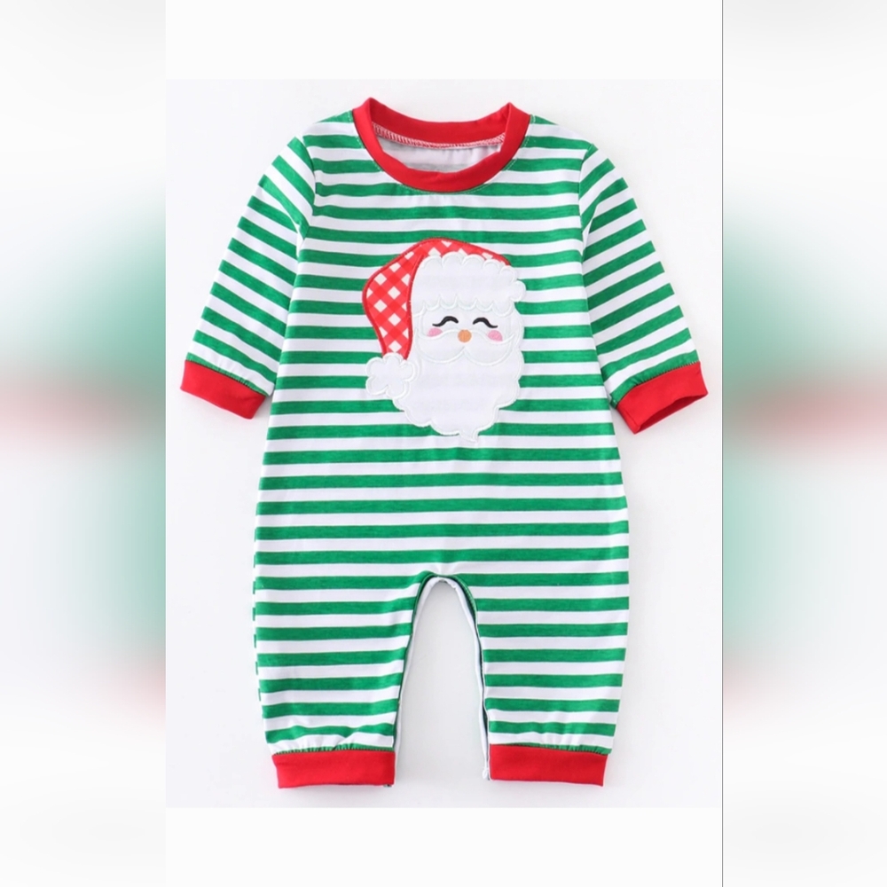 Baby Boy Green and White Stripes Santa Applique Christmas Romper NWOT